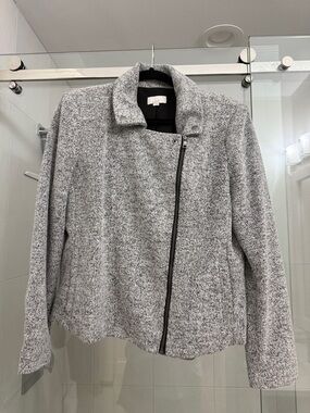LOFT Light Gray Asymmetrical Zip Bouclé Jacket